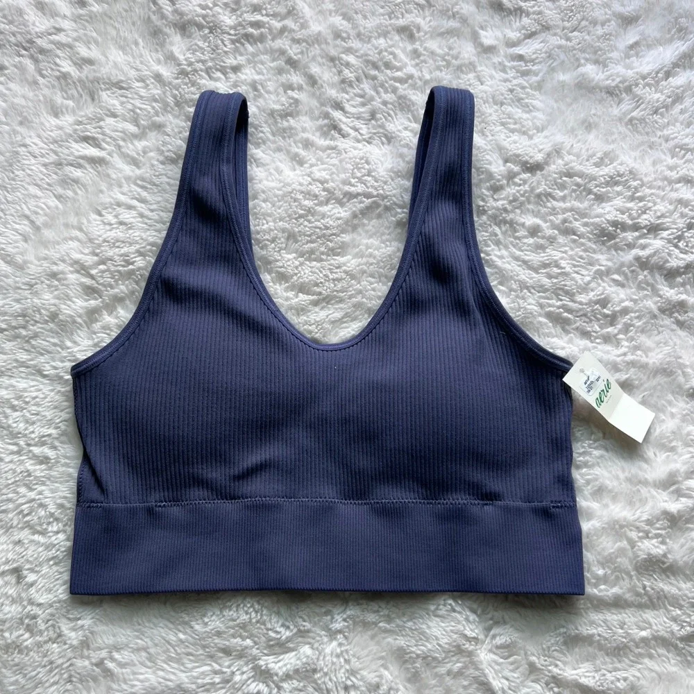 Aerie Real Good Ribbed Seamless Bralette Navy Blue V-Neck Size M 069-2693-3241